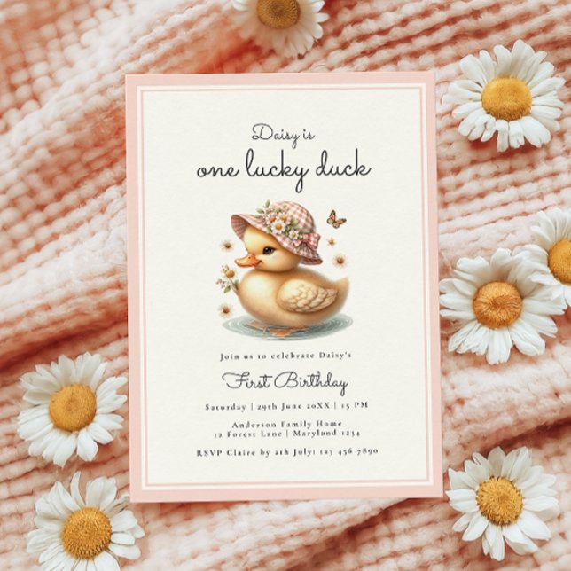 Invitation Pink One Lucky Duck Baby Girl Premier anniversaire (Créateur téléchargé)