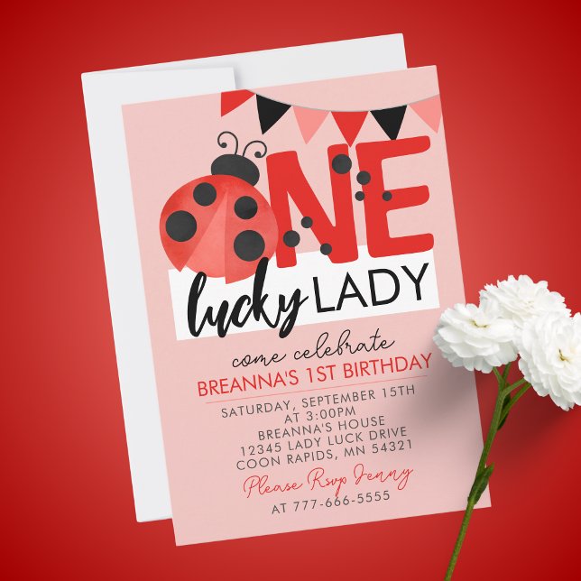 Invitation Pink One Lucky Lady Aquarelle Ladybug Anniversaire (Light Pink Salmon One Lucky Lady Watercolor Ladybug 1st Birthday Party Invitations)
