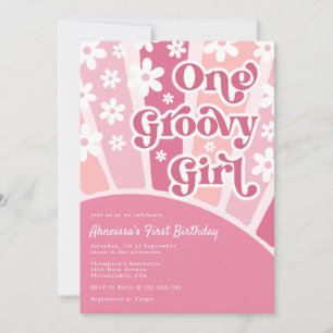 Invitation Pink One Super Girl Retro Rainbow Photo Anniversai