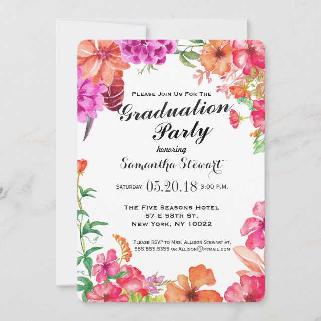 Invitation Pink Orange Aquarelle Jardin Fête de Graduation (Devant)