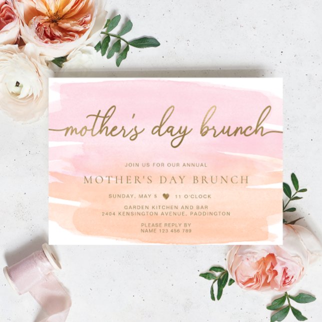 Invitation Pink Orange Aquarelle Mère's Day Brunch (Mothers Day Brunch Invitation Orange Pink Watercolour Gold )
