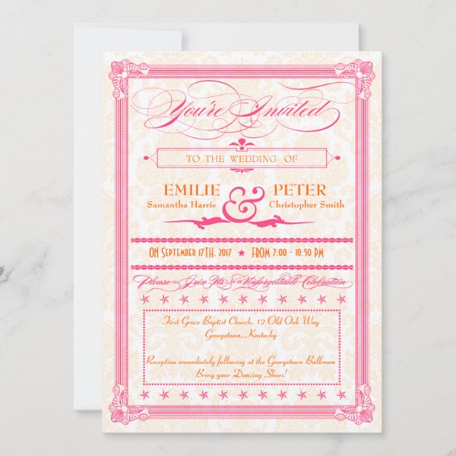 Invitation Pink & Orange Damask Poster Style Wedding Invitati (Devant)