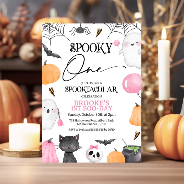 Invitation Pink Orange Éffrayant Un Halloween 1er Anniversair (Girls Halloween Spooky One 1st Birthday Invitation, Spooktacular Halloween First Birthday Invite,)
