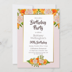 Invitation Pink Orange Floral 90e fête d'anniversaire