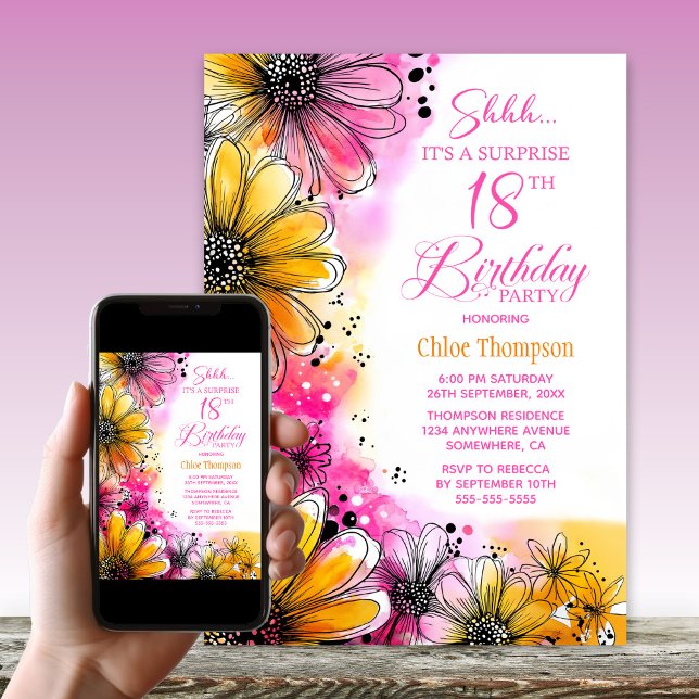 Invitation Pink Orange Floral Surprise 18ème anniversaire (Créateur téléchargé)