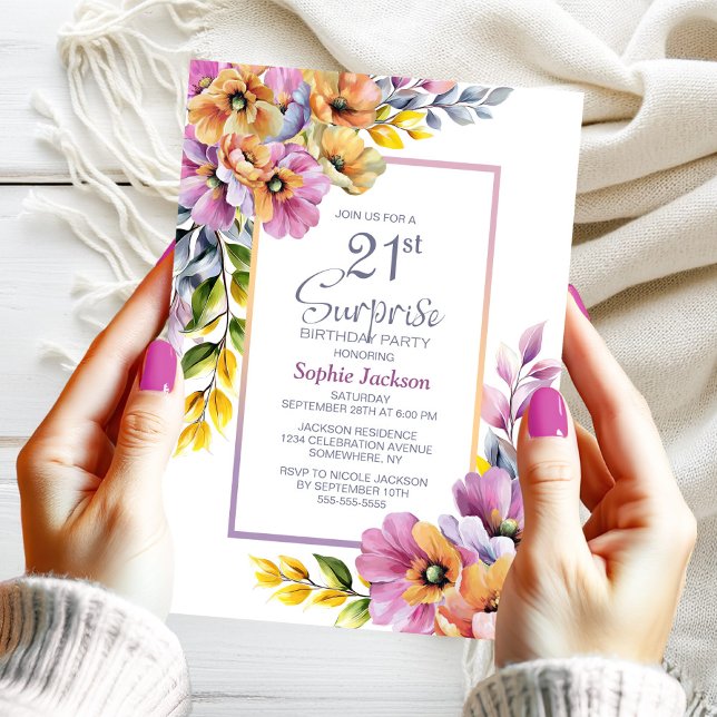 Invitation Pink Orange Floral Surprise 21ème anniversaire (Créateur téléchargé)
