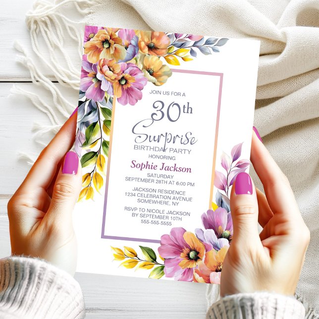 Invitation Pink Orange Floral Surprise 30th Birthday Party (Créateur téléchargé)