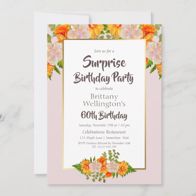 Invitation Pink Orange Floral Surprise 60ème anniversaire (Devant)