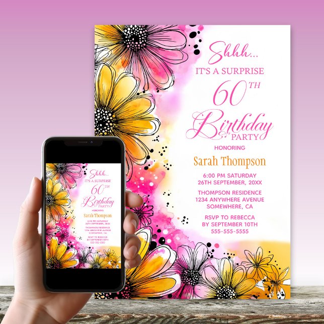 Invitation Pink Orange Floral Surprise 60ème anniversaire (Créateur téléchargé)
