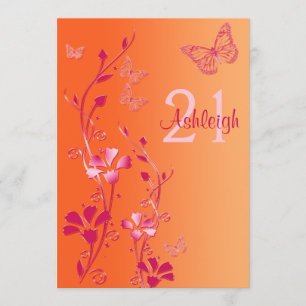 Invitation Pink, Orange Flowers & Butterflies 21e anniversair