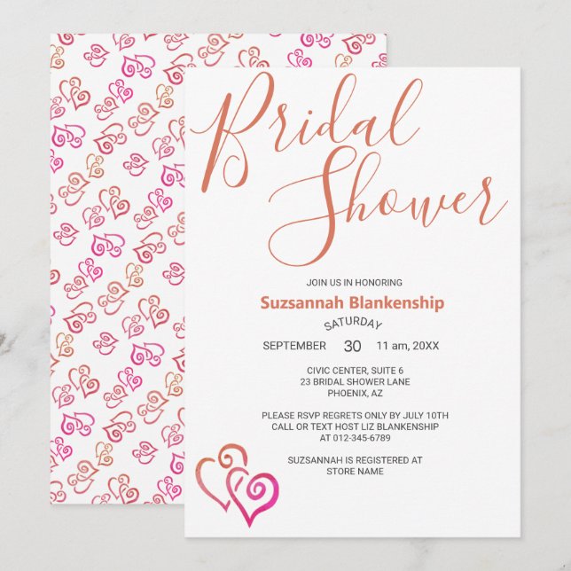 Invitation Pink Orange Linked Hearts Fête des mariées Modèle (Devant / Derrière)