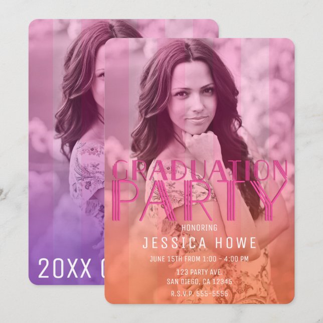 Invitation Pink Orange Purple Graduate Party Photo (Devant / Derrière)