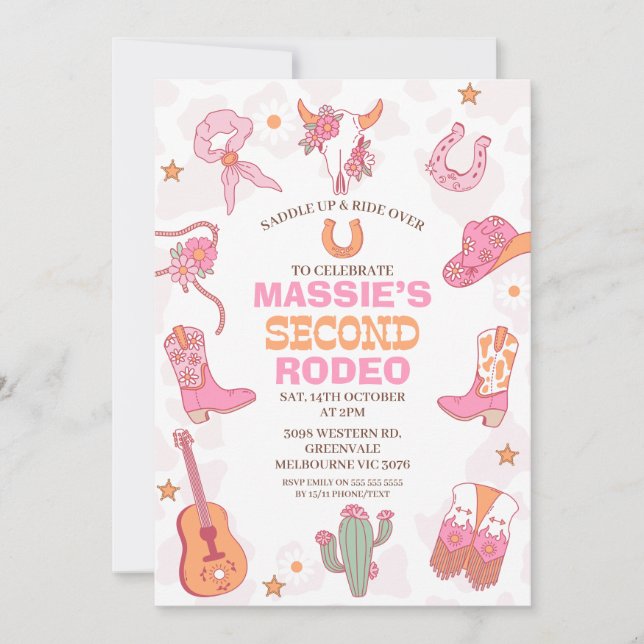 Invitation Pink Orange Retro 2nd Rodeo Birthday  (Devant)