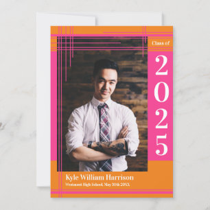 Invitation Pink Orange School Color Graduation Photo Plaid