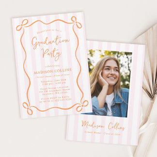 Invitation Pink Orange Stripes Bow Graduation Party Photo