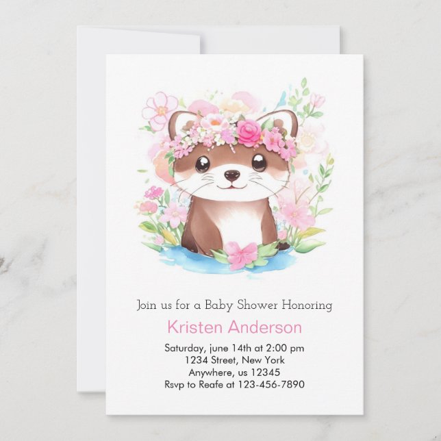Invitation Pink Otter Whimsical Blissful Baby shower fille (Devant)