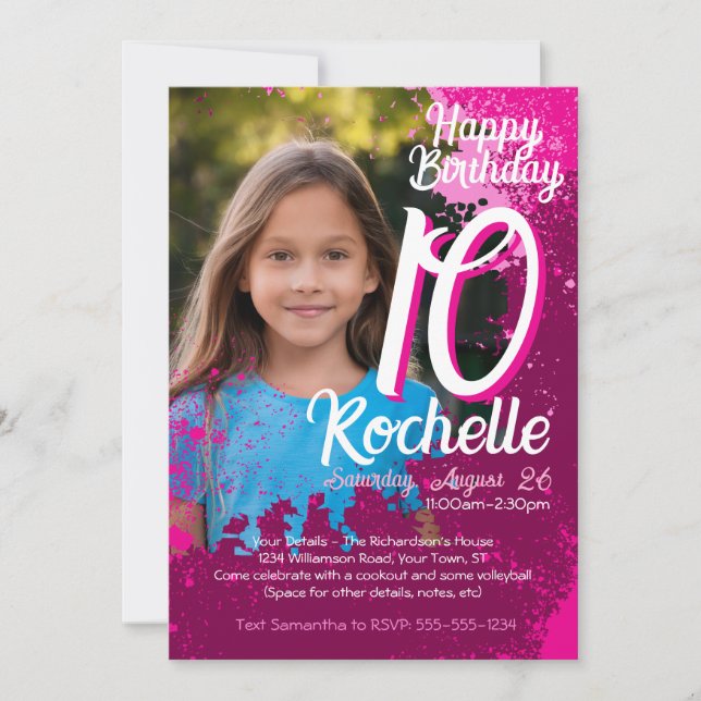 Invitation Pink Paint Splatter Photo 10e anniversaire Invitat (Devant)