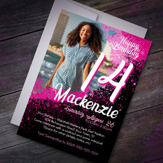 Invitation Pink Paint Splatter Photo 14e anniversaire Invitat