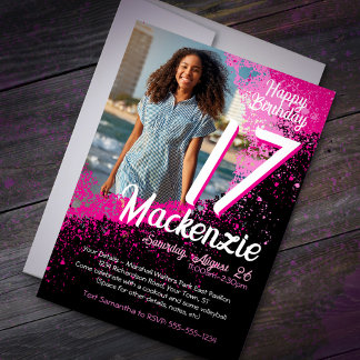 Invitation Pink Paint Splatter Photo 17e anniversaire Invitat