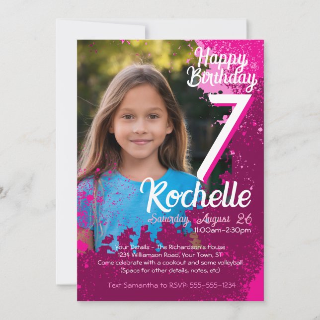 Invitation Pink Paint Splatter Photo 7e anniversaire Invitati (Devant)