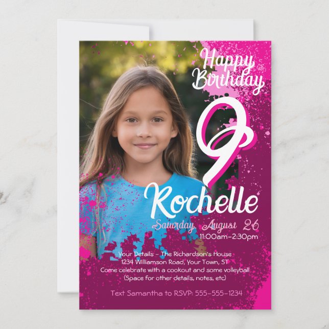 Invitation Pink Paint Splatter Photo 9e anniversaire Invitati (Devant)
