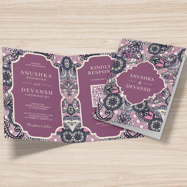 Invitation Pink Paisley Motif QR Code Indien Mariage (Créateur téléchargé)