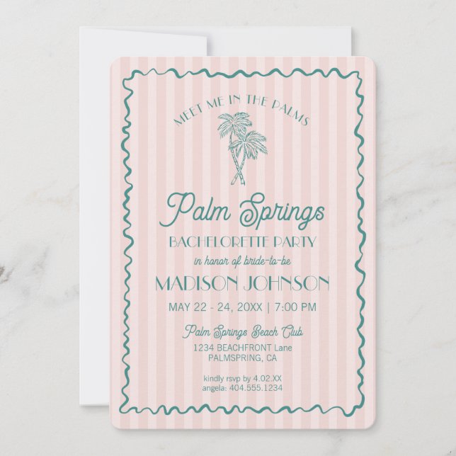 Invitation Pink Palm Springs Pastel Beach Bachelorette Party (Devant)