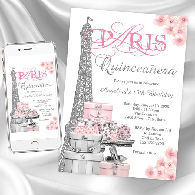Invitation Pink Paris Quinceanera (Paris Quinceanera invitations. Instant download and printed invitations available.)