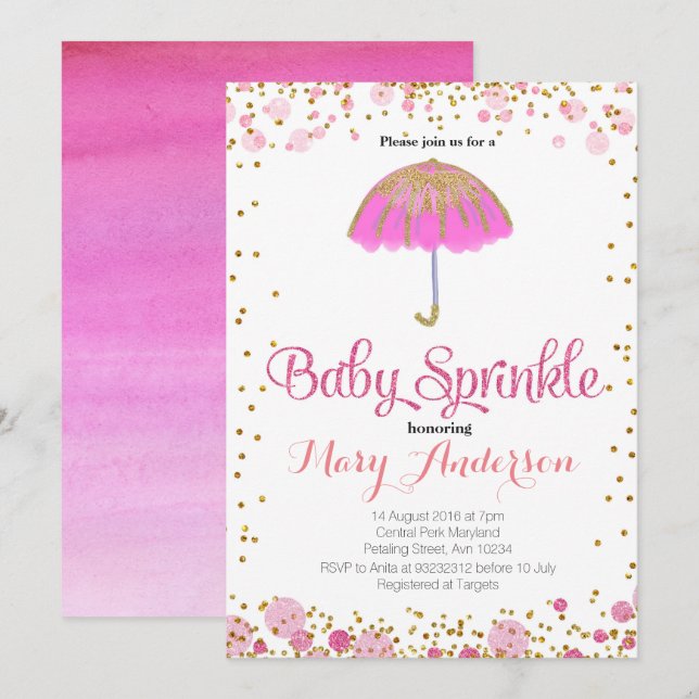Invitation PINK PARTIES SCINTILLANT Baby Sprinkle Parapluie d (Devant / Derrière)