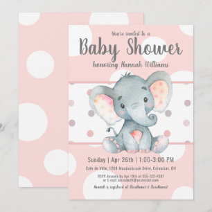 Invitation Pink Pastel Dots Baby shower Eléphant mignon