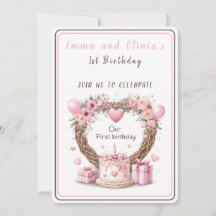 Invitation Pink Pastel Floral Wreath Twins Premier anniversai