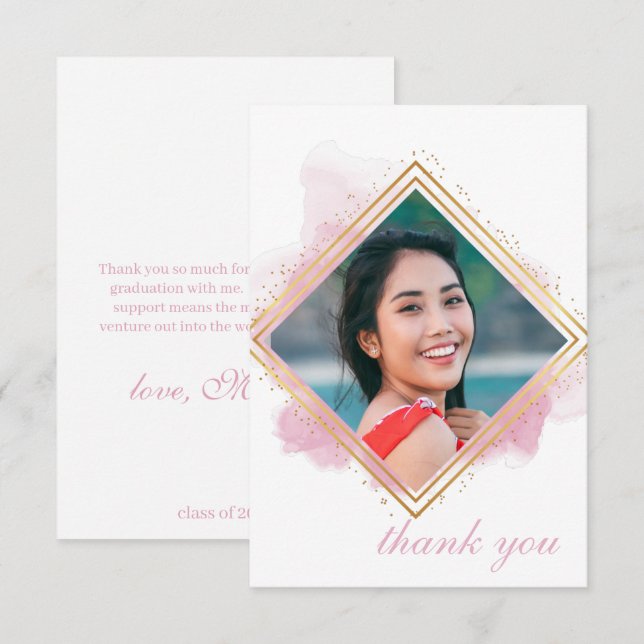Invitation Pink Pastel & Gold Diamond Graduation Merci En (Devant / Derrière)