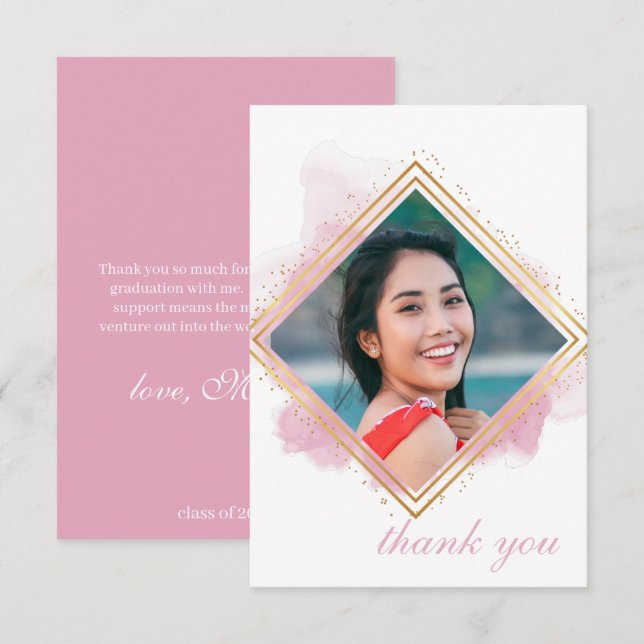 Invitation Pink Pastel & Gold Diamond Graduation Merci En (Devant / Derrière)