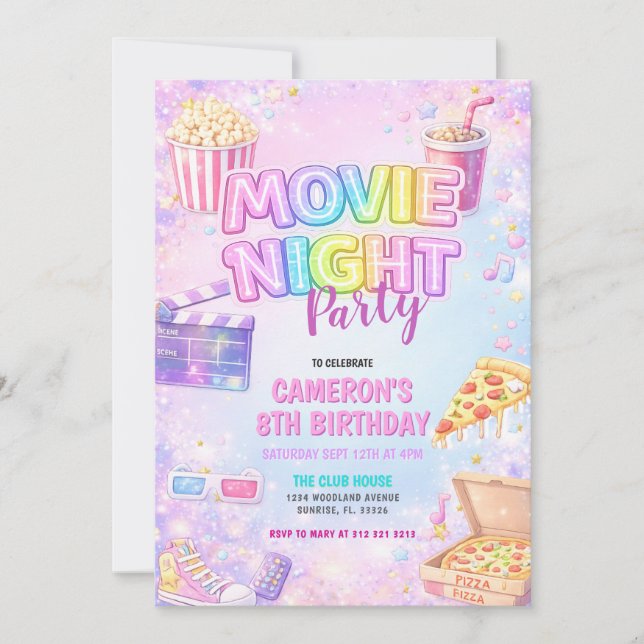 Invitation Pink Pastel Movie Night Birthday Party  (Devant)