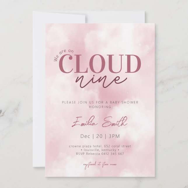 Invitation Pink Pastel Nous sommes sur Cloud Nine Baby shower (Devant)