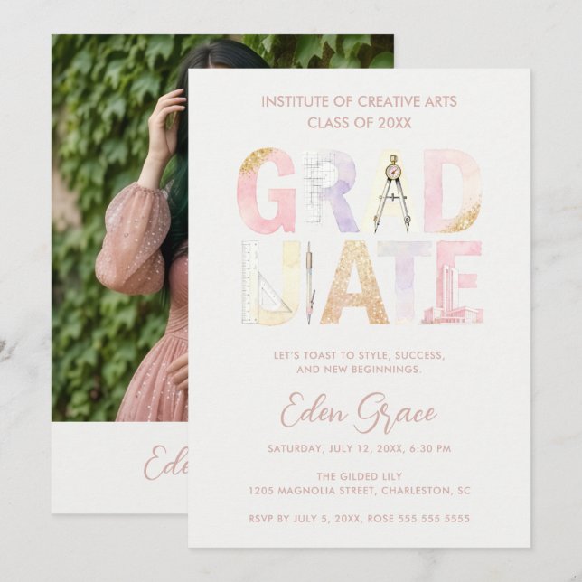 Invitation Pink Pastel Soft Dreamy Architect Graduation (Devant / Derrière)