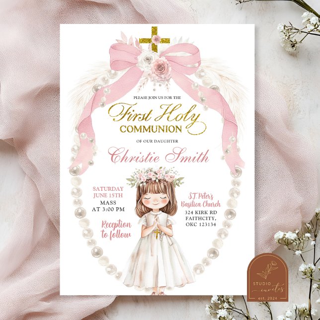 Invitation Pink Pearl Bow Coquette Girl First Holy Communion (Créateur téléchargé)