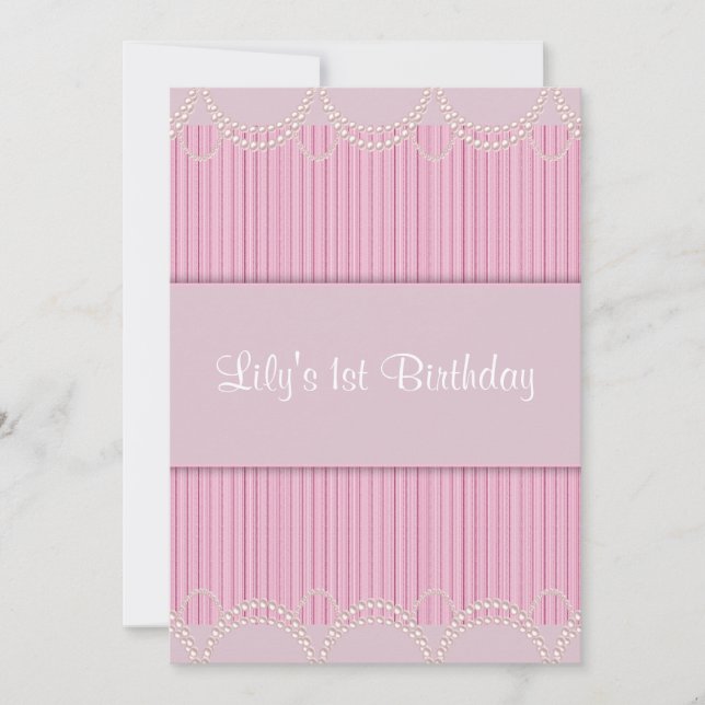 Invitation Pink Pearl Pinstripe Girls 1er anniversaire (Devant)