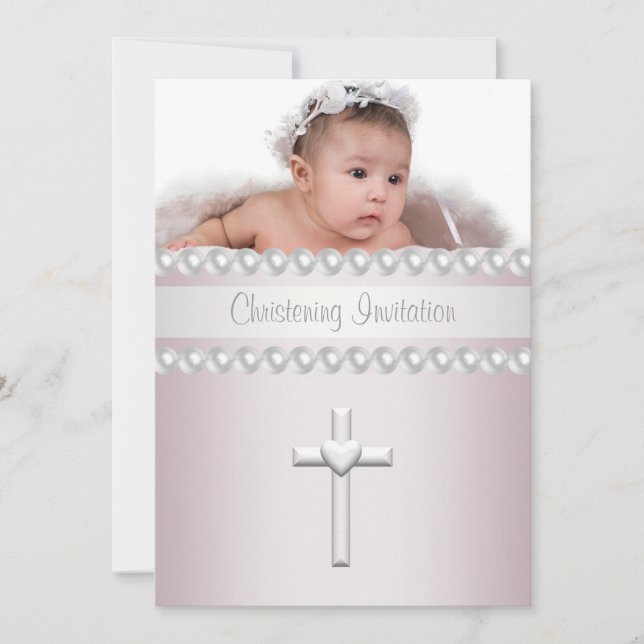 Invitation Pink Pearls Cross Baby Girl Photo Christening (Devant)