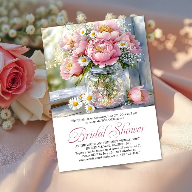 Invitation Pink Peonies White Daisies in Mason Jar (Créateur téléchargé)