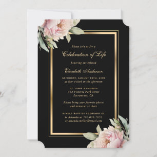 Invitation Pink Peony Black Gold Photo Célébration de la vie