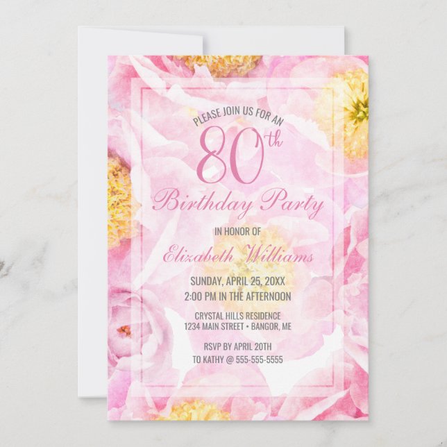 Invitation Pink Peony Flowers Aquarelle 80e fête d'anniversai (Devant)