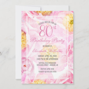 Invitation Pink Peony Flowers Aquarelle 80e fête d'anniversai