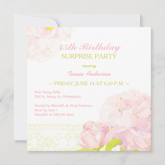 Invitation Pink Peony Surprise fête d'anniversaire (Devant)