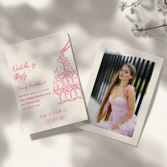 Invitation Pink Photo Dessinée Tour Champagne Trente Annivers (Créateur téléchargé)