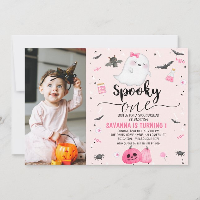 Invitation Pink Photo Ghost Éffrayant Un Halloween 1er Annive (Devant)