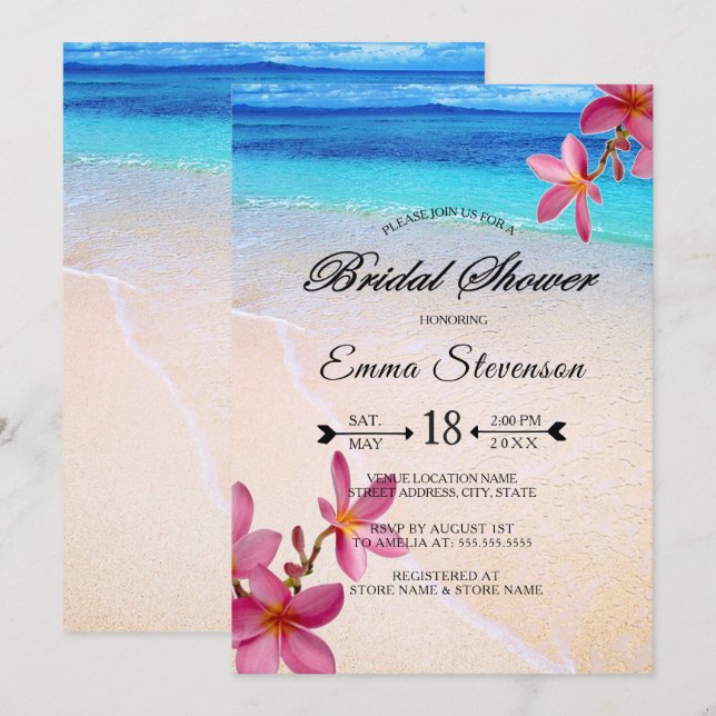Invitation Pink Plumeria Beach Destination Fête des mariées © (Devant / Derrière)