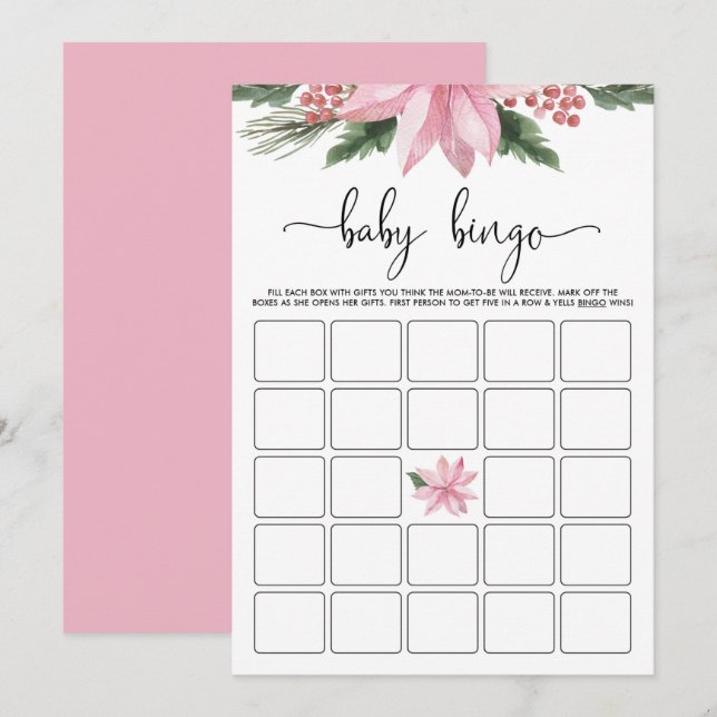 Invitation Pink Poinsettia Baby shower d'hiver Bingo Jeu (Devant / Derrière)