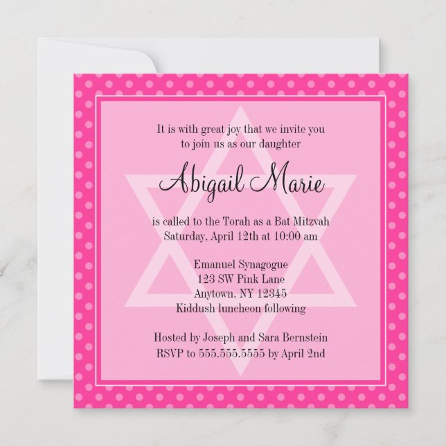 Invitation Pink Polka Dot Star de David Carré Bat mitzvah (Devant)
