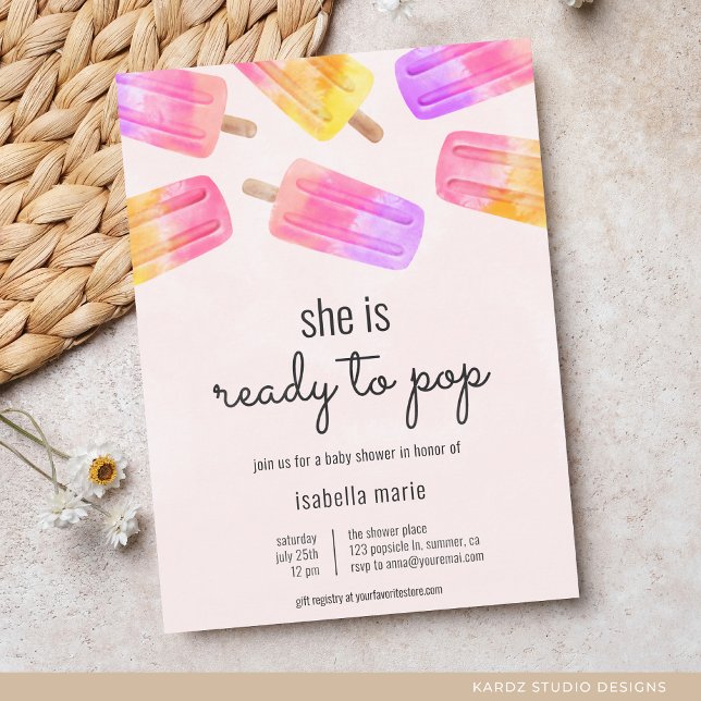 Invitation Pink Popsicle prêt à pop Baby shower (Invite shown in 5 x 7 inches with square corner, choose size, paper and corner style before checkout)